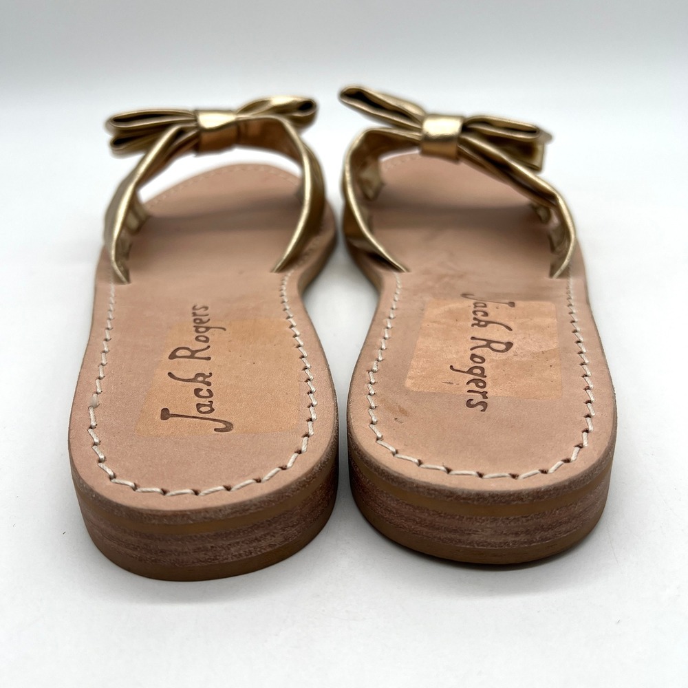 JACK ROGERS Brightly Bow Sandal Womens 8.5 Gold Nappa Leather Slip On Slide Flat - Picture 3 of 13